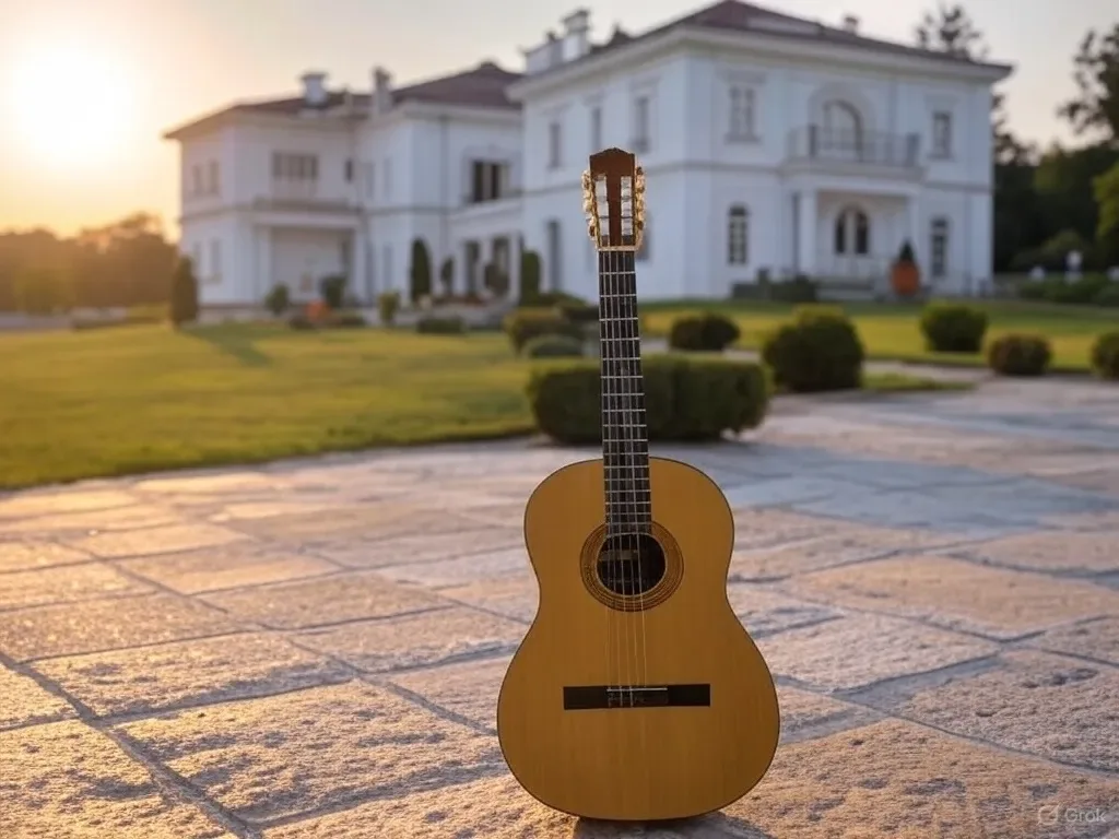 Klassieke gitaar bij een landgoed tijdens zonsondergang.