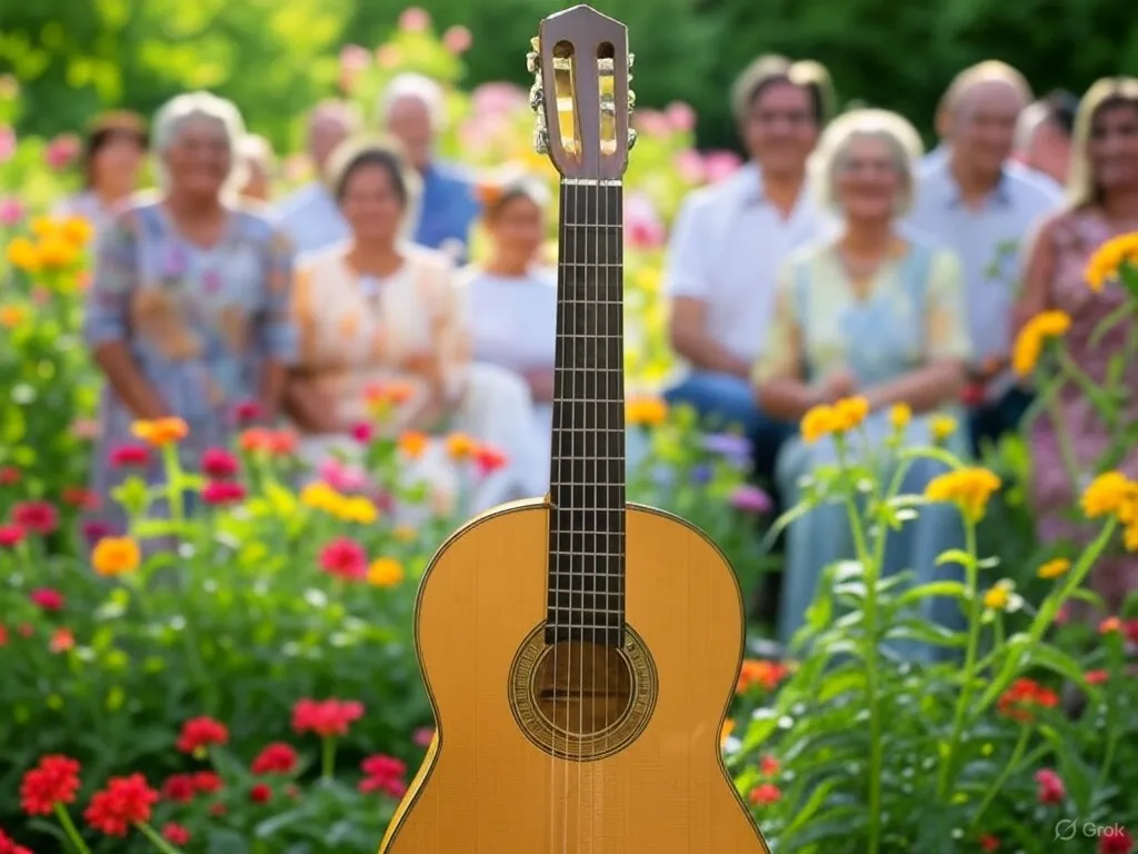 Classical guitar at a garden celebration with guests.
